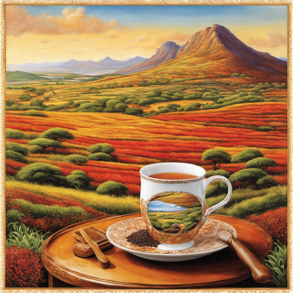 An image showcasing the rich heritage of rooibos tea, with a montage of vibrant South African landscapes, a pregnant woman enjoying a cup, and traditional utensils used for brewing, blending, and serving this herbal delight