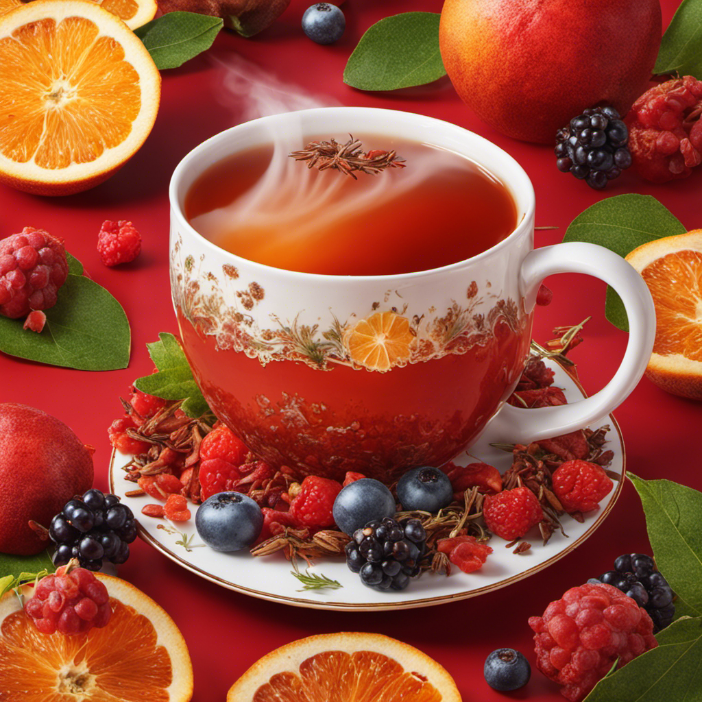 An image showcasing the vibrant red hue of a steaming cup of rooibos tea, with delicate wisps of steam gently rising, surrounded by an assortment of fresh, colorful fruits and herbs, evoking a sense of rejuvenation and vitality