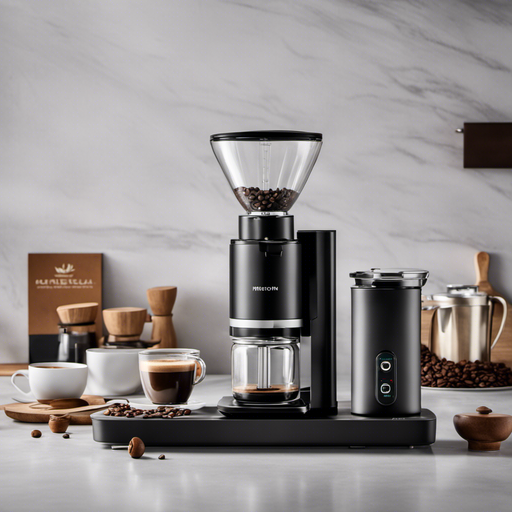 An image showcasing a sleek, modern kitchen counter with a minimalist coffee grinder, a bag of Ryze Mushroom Coffee, a precise scale, a timer, a ceramic mug, and a steaming hot cup of perfectly brewed mushroom coffee
