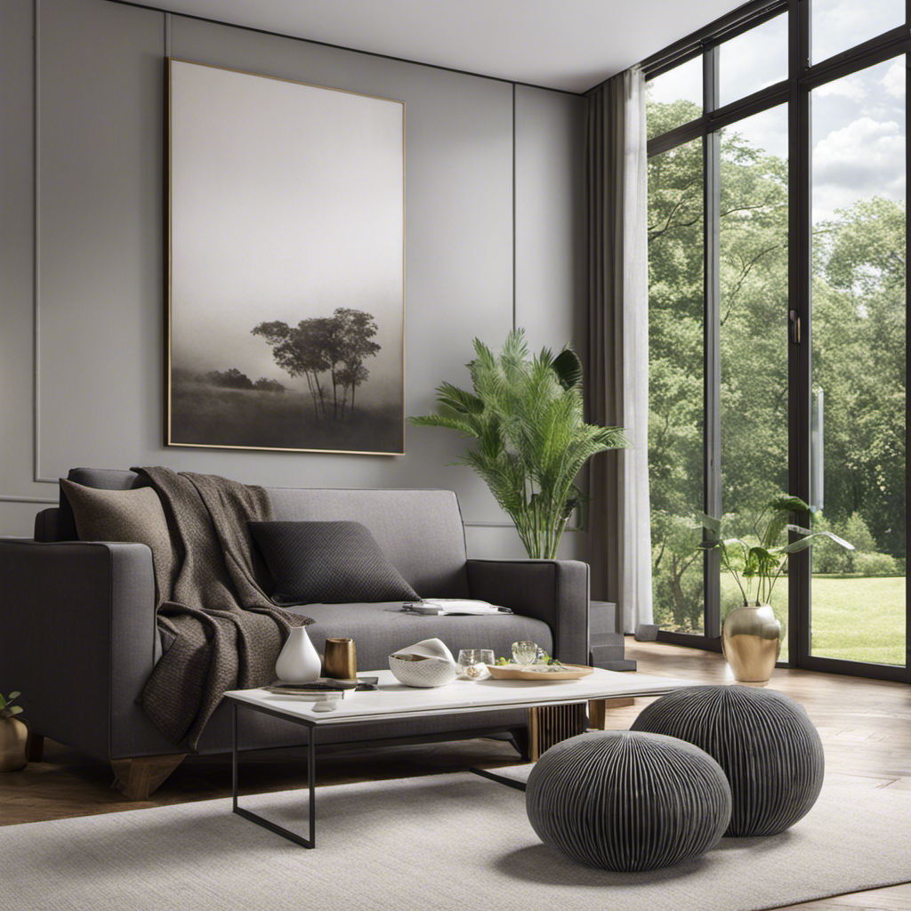 An image showcasing an elegant living room with a bamboo charcoal air purifying bag placed strategically near a large window, filtering out impurities and leaving the air fresh and clean