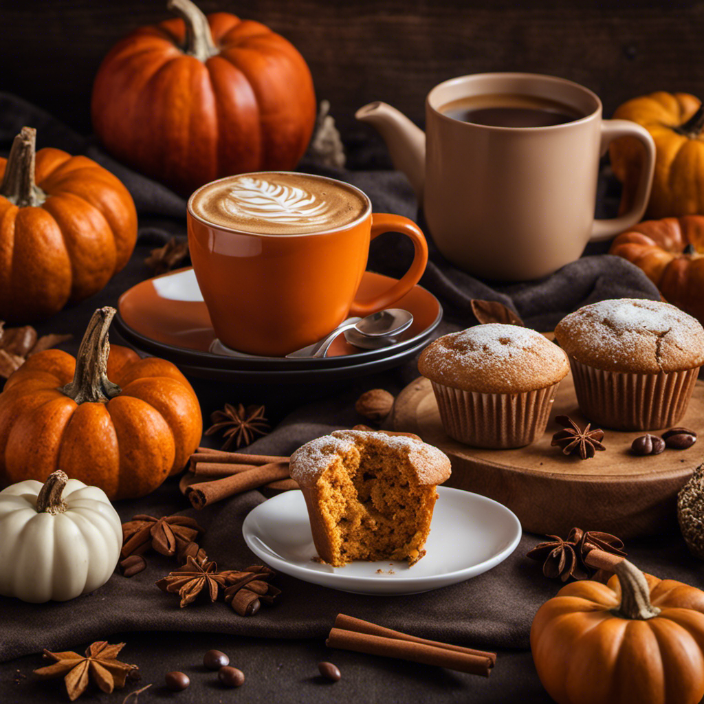 a cozy autumn scene with a vibrant orange mug filled with steaming Nespresso Pumpkin Spice latte, surrounded by a spread of delectable fall treats like pumpkin muffins, apple pie, cinnamon cookies, and caramel apples