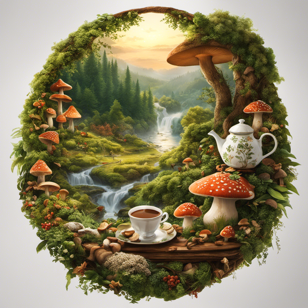 An image showcasing a cozy morning scene with a steaming cup of mushroom coffee surrounded by lush greenery, emphasizing its health benefits and earthy flavor