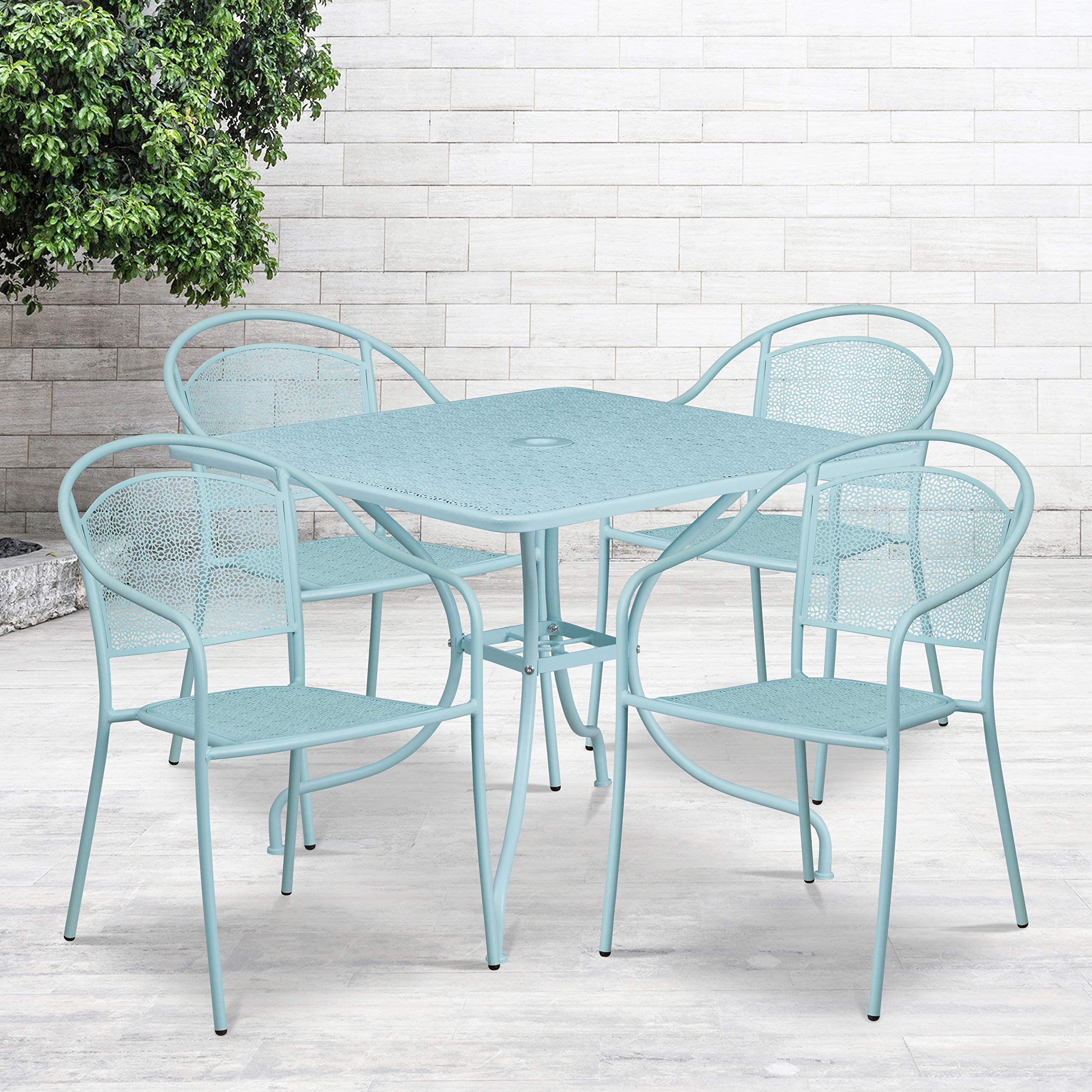 Flash Furniture Oia Commercial Grade 35.5" Square Sky Blue Indoor-Outdoor Steel Patio Table Set with 4 Round Back Chairs Sky Blue 35.5"