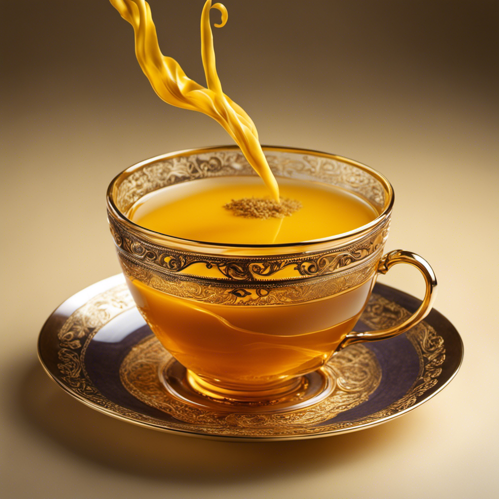 An image that captures the essence of sipping turmeric and ginger tea: vibrant golden liquid swirling in a transparent teacup, delicate steam rising, a hand gently cradling the cup, while the legs tingle with a warm, invigorating sensation