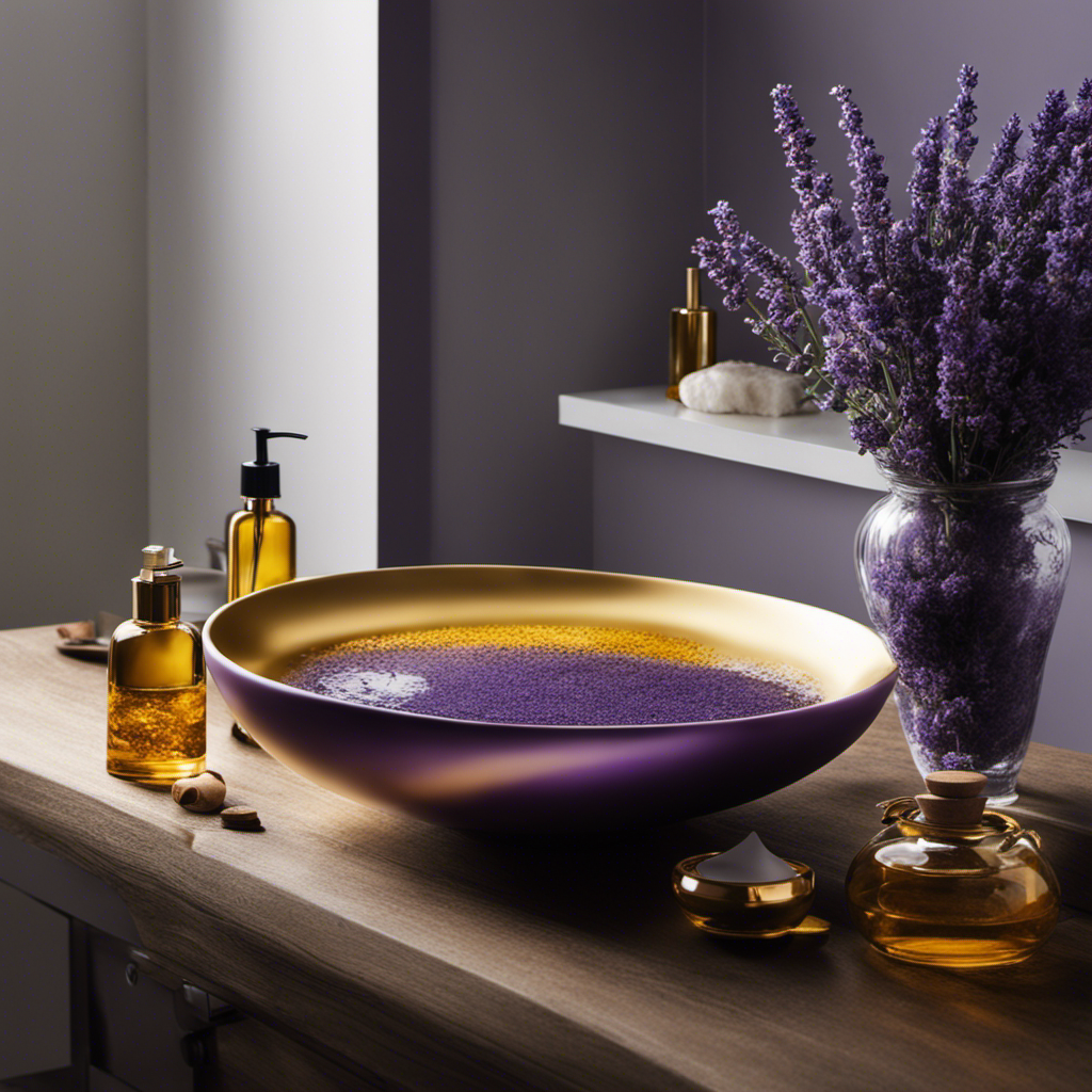 An image showcasing a serene, ethereal bathroom scene: a gleaming porcelain sink adorned with vibrant purple lavender, a bottle of tea tree oil, a sprig of witch hazel, a bar of African black soap, and a scattering of golden turmeric