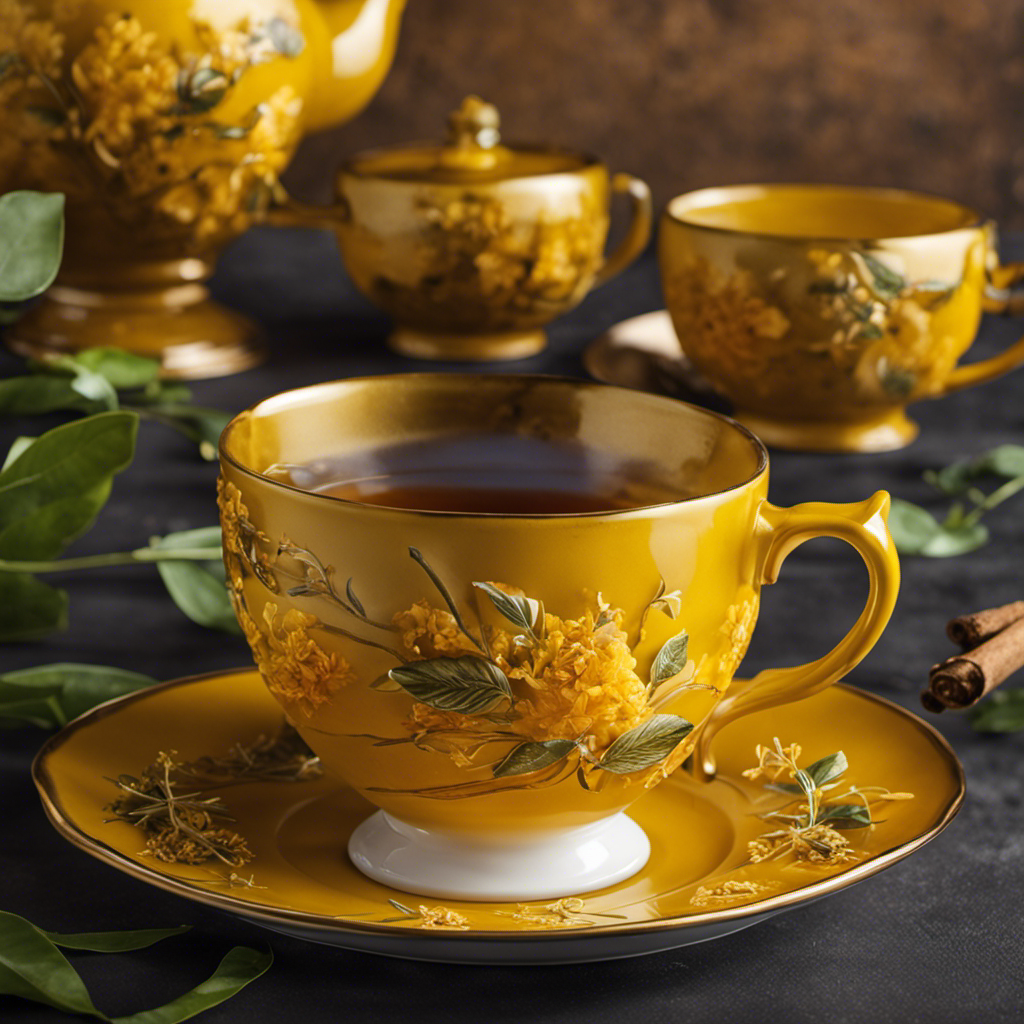 An image that showcases a vibrant yellow tea cup, filled with steaming tea infused with turmeric powder