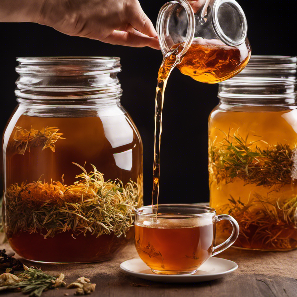 An image showcasing the process of adding tea to your kombucha brew: A hand pouring a stream of warm, amber-colored tea into a glass jar filled with fermenting kombucha