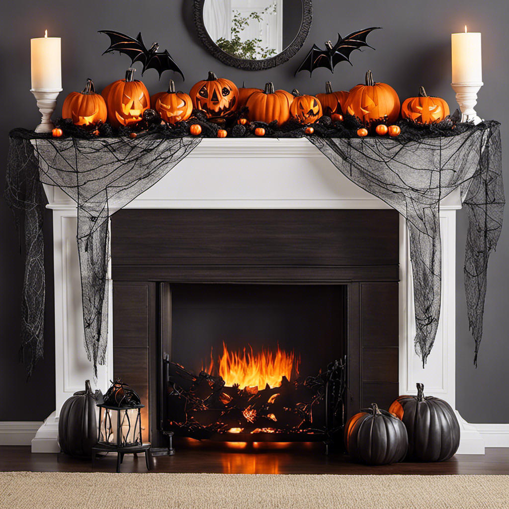 An image showcasing the AerWo Halloween Fireplace Scarf, adorned with intricate spider webs and bats in a cozy living room setting