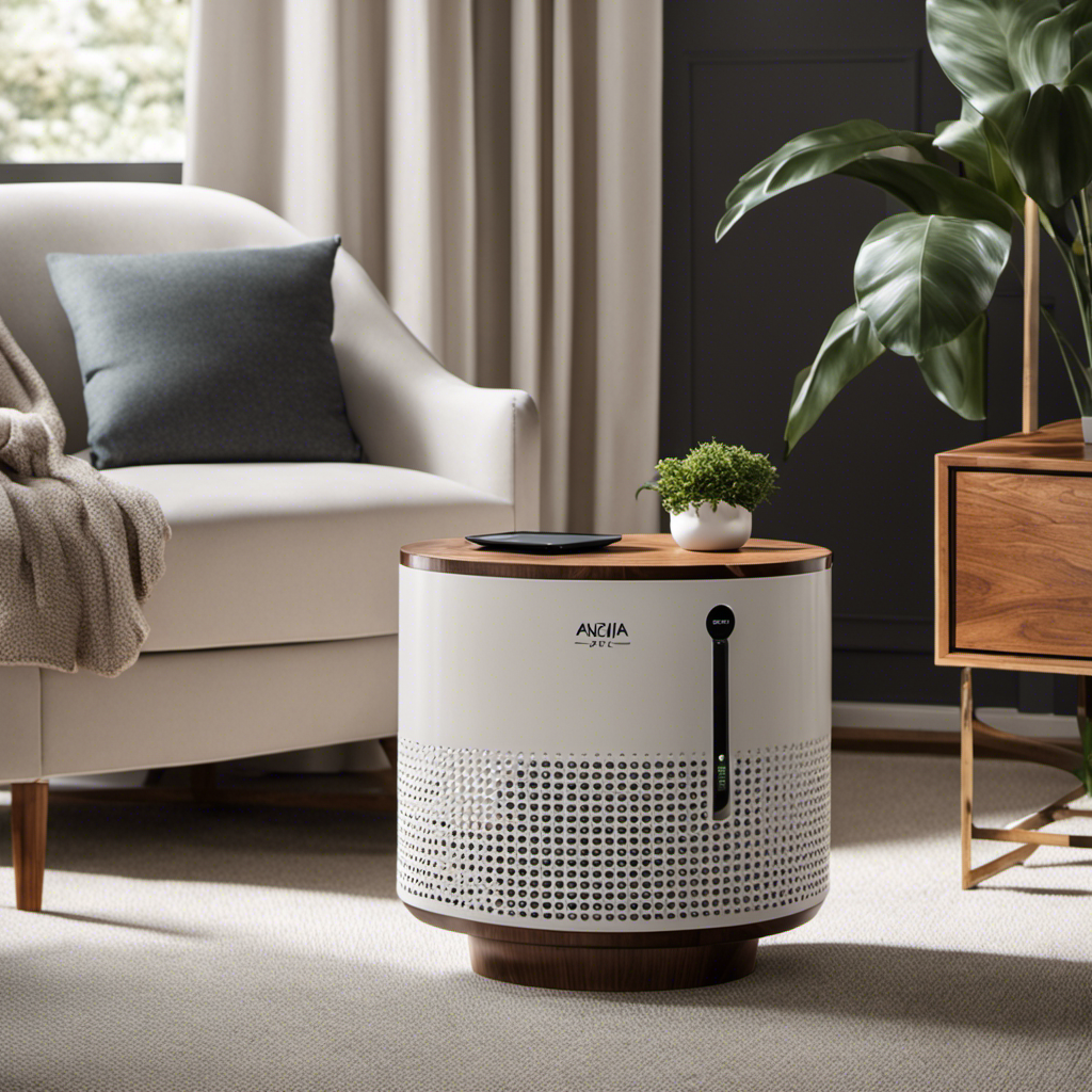 an image of a cozy living room bathed in soft, natural light, where a sleek and modern Afloia Air Purifier sits prominently on a side table, effortlessly blending into the elegant décor