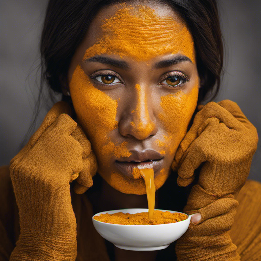An image depicting a person sipping turmeric tea, their face turning red and swollen, while hives spread across their body