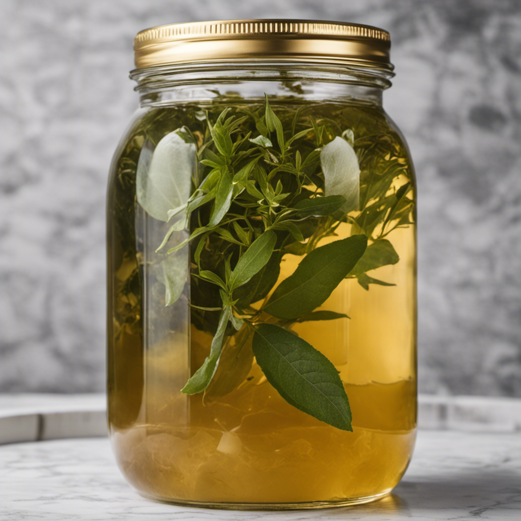 An image showcasing a clear glass jar filled with freshly brewed, golden-hued kombucha