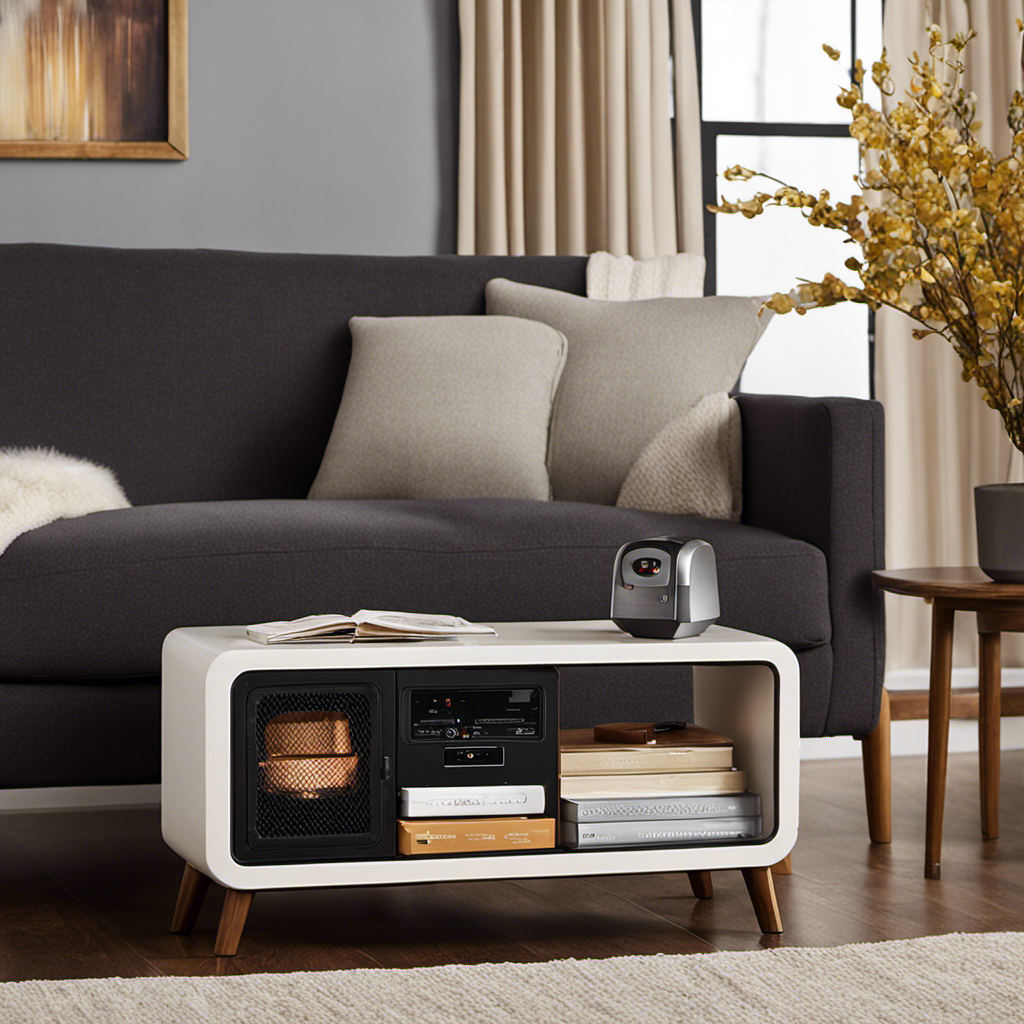 An image capturing the cozy ambiance of a modern living room, with the Amazon Basics Ceramic Personal Heater placed on a side table