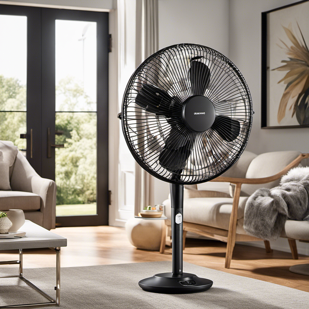 An image showcasing a sleek, powerful Amazon Basics oscillating fan in action, providing a refreshing breeze in a well-lit living room, with its adjustable settings and remote control within reach