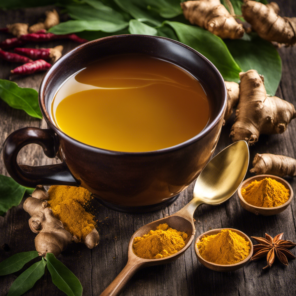 An image showcasing a steaming cup of golden ginger turmeric tea, infused with vibrant spices and fresh ingredients