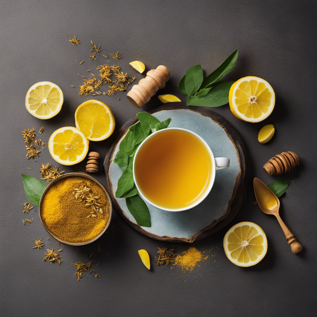 An image showcasing a serene scene with a golden cup filled with steaming anti-inflammatory turmeric tea, surrounded by vibrant ingredients like fresh ginger, honey, and lemon slices, perfectly capturing the holistic essence of this soothing recipe