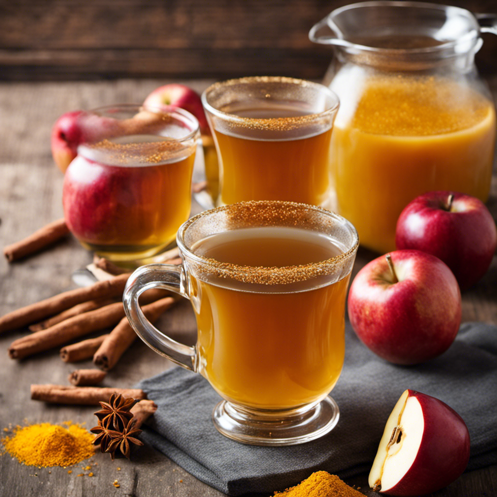 An image showcasing a steaming mug of Apple Cider Turmeric Cayenne Pepper tea, with vibrant golden hues and a sprinkle of cayenne pepper on top, promising a soothing and slimming experience for a bloated tummy