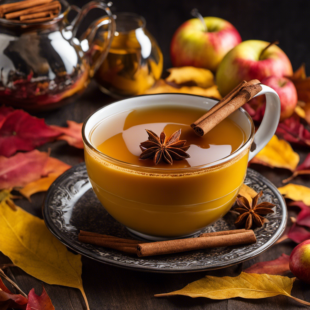 An image showcasing a steaming mug filled with golden apple cider turmeric tea
