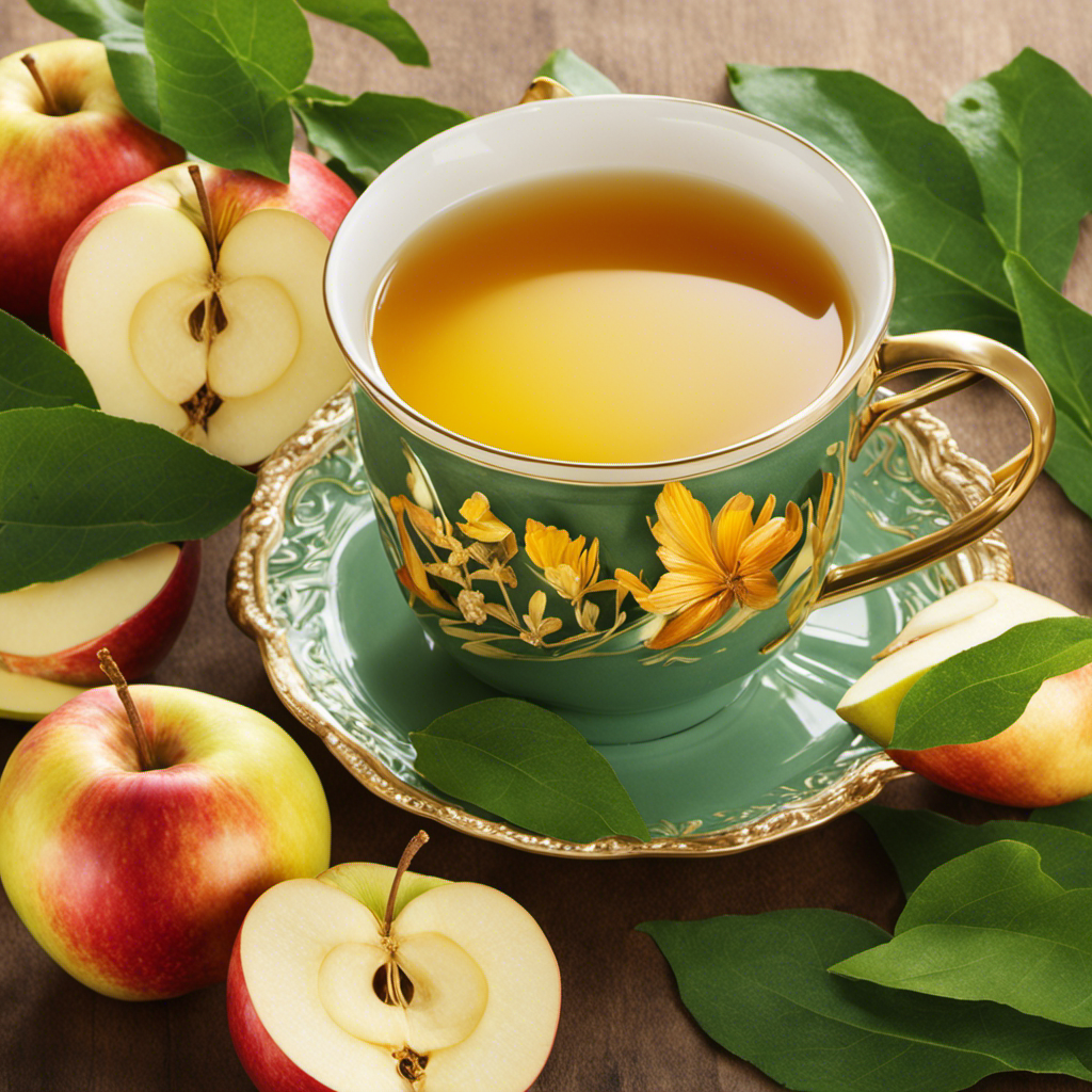 Create an image showcasing a steaming cup of Applevider Turmeric Ginger Tea, rich golden hues with vibrant floating slices of apple, ginger, and turmeric