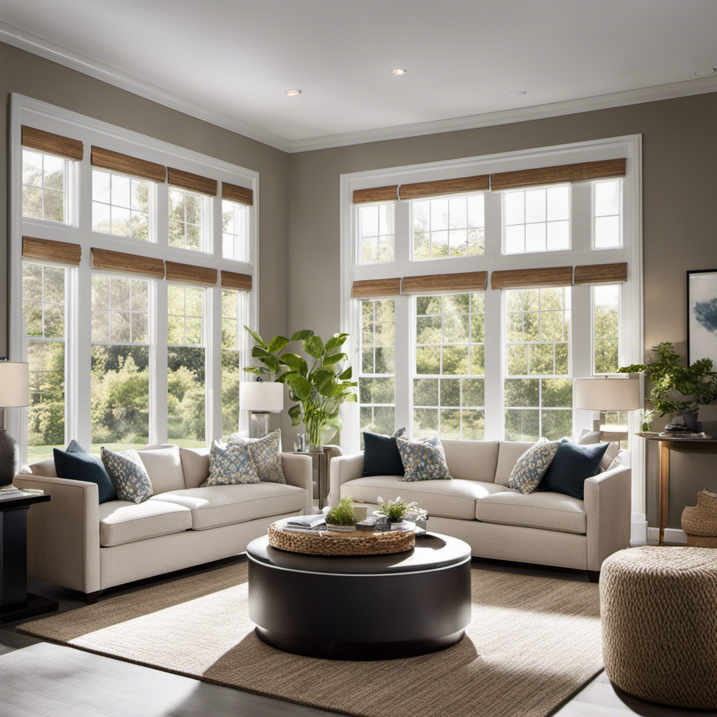 An image showcasing a serene living room with sunlight streaming through spotless windows, highlighting a gleaming AprilAire 410 air filter seamlessly integrated into the HVAC system, ensuring pure, fresh air for a healthier home