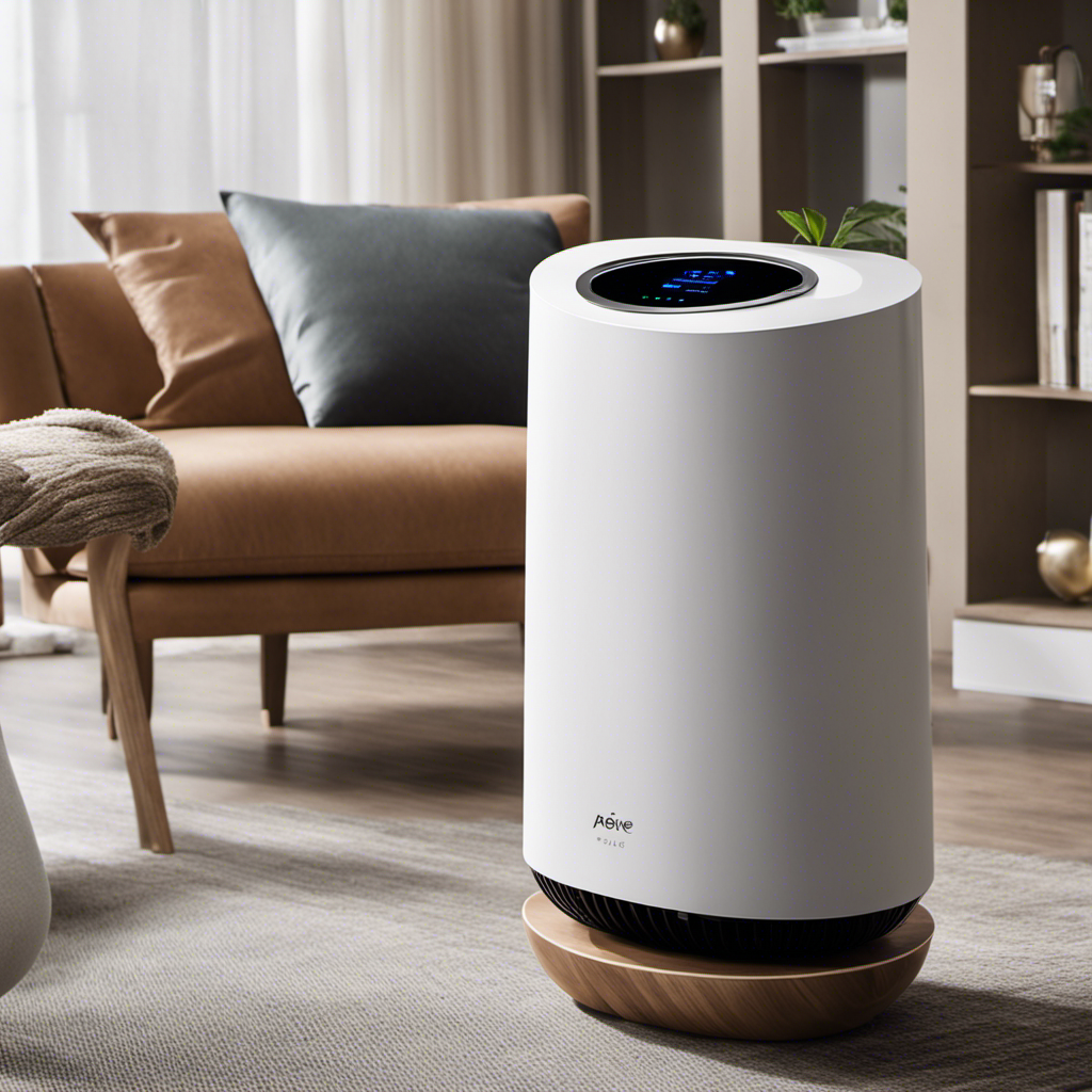 An image showcasing the sleek design of the AROEVE Air Purifier, with a soft, ambient glow emanating from its built-in aromatherapy function, creating a relaxing atmosphere in any space