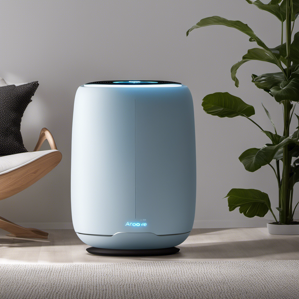 An image showcasing the sleek, modern design of the AROEVE Air Purifier as it purifies the air in a living room, with gentle blue LED lights casting a soothing glow and capturing floating particles