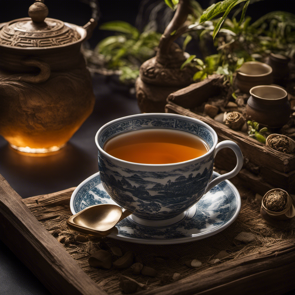 the essence of ancient tea-infused discoveries: a dimly lit archaeological dig site, adorned with delicate porcelain teacups, fragrant tea leaves, and artifacts from distant civilizations, evoking a sense of mystery and intrigue