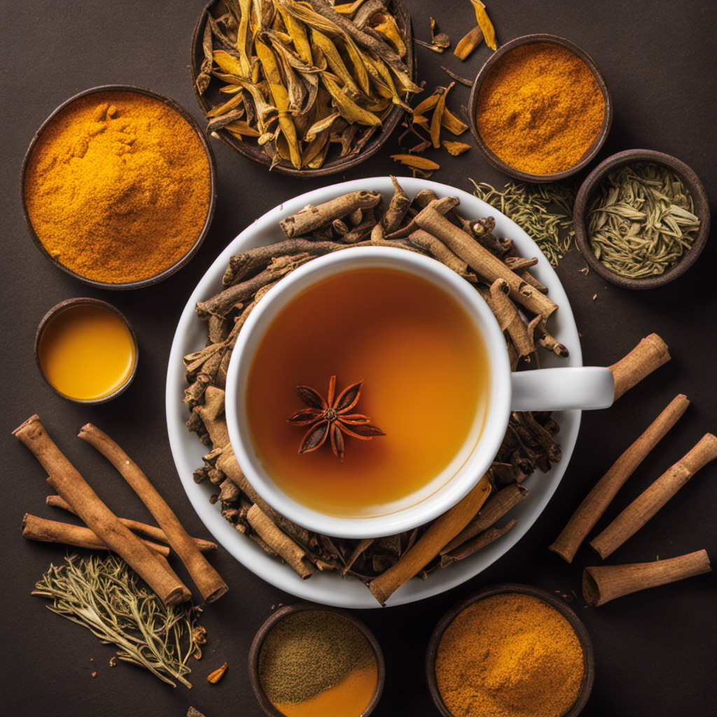 An image showcasing a cozy mug filled with a steaming, golden Ashwagandha and Turmeric Tea, surrounded by vibrant whole turmeric roots, dried ashwagandha leaves, and a hint of aromatic steam rising in the background