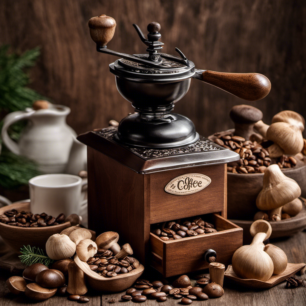 An image showcasing a cozy kitchen setting with a rustic coffee grinder, a bag of Ryze Mushroom Coffee, a ceramic mug, a brewing pot, a wooden spoon, and a delicate mushroom decoration