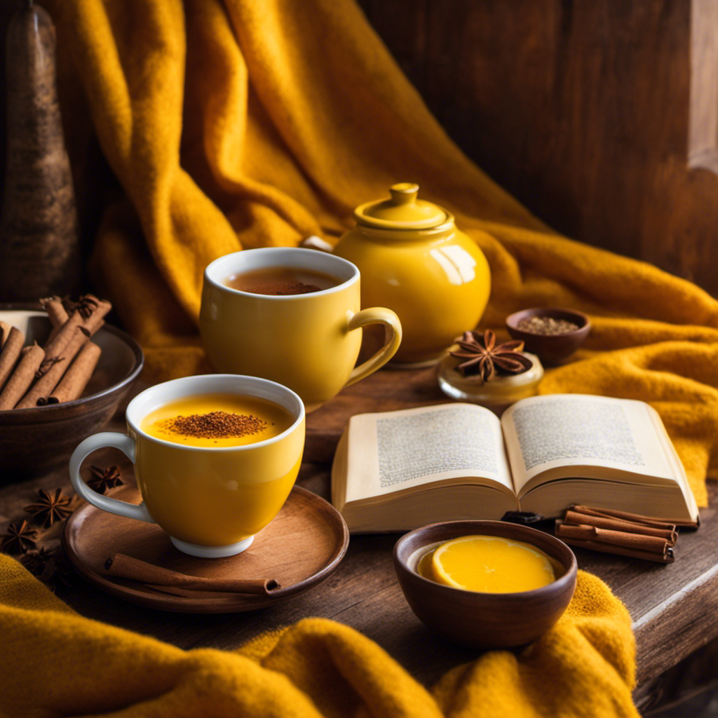 An image that showcases a steaming mug of vibrant yellow turmeric tea, adorned with a sprinkle of cinnamon and a slice of fresh lemon