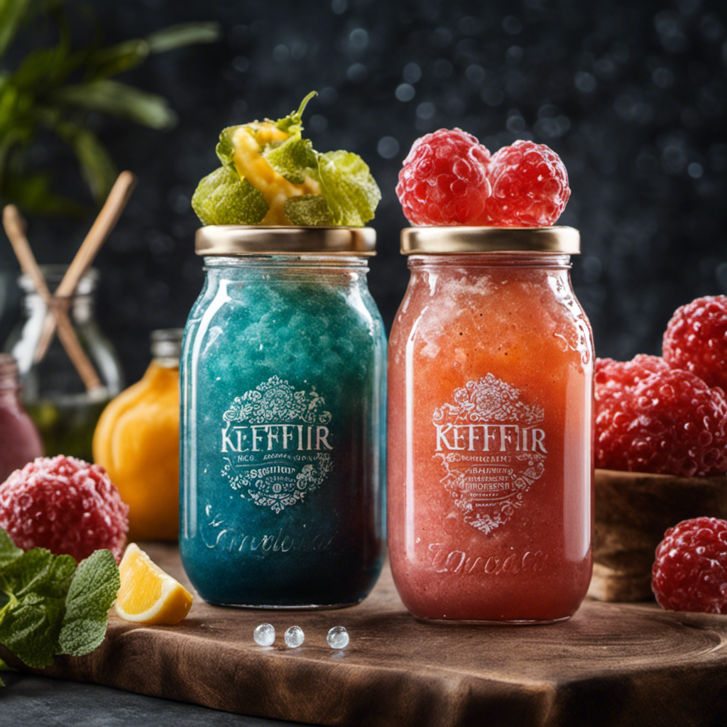 An image showcasing two glass jars side by side, one containing creamy and tangy kefir, the other filled with effervescent and colorful kombucha