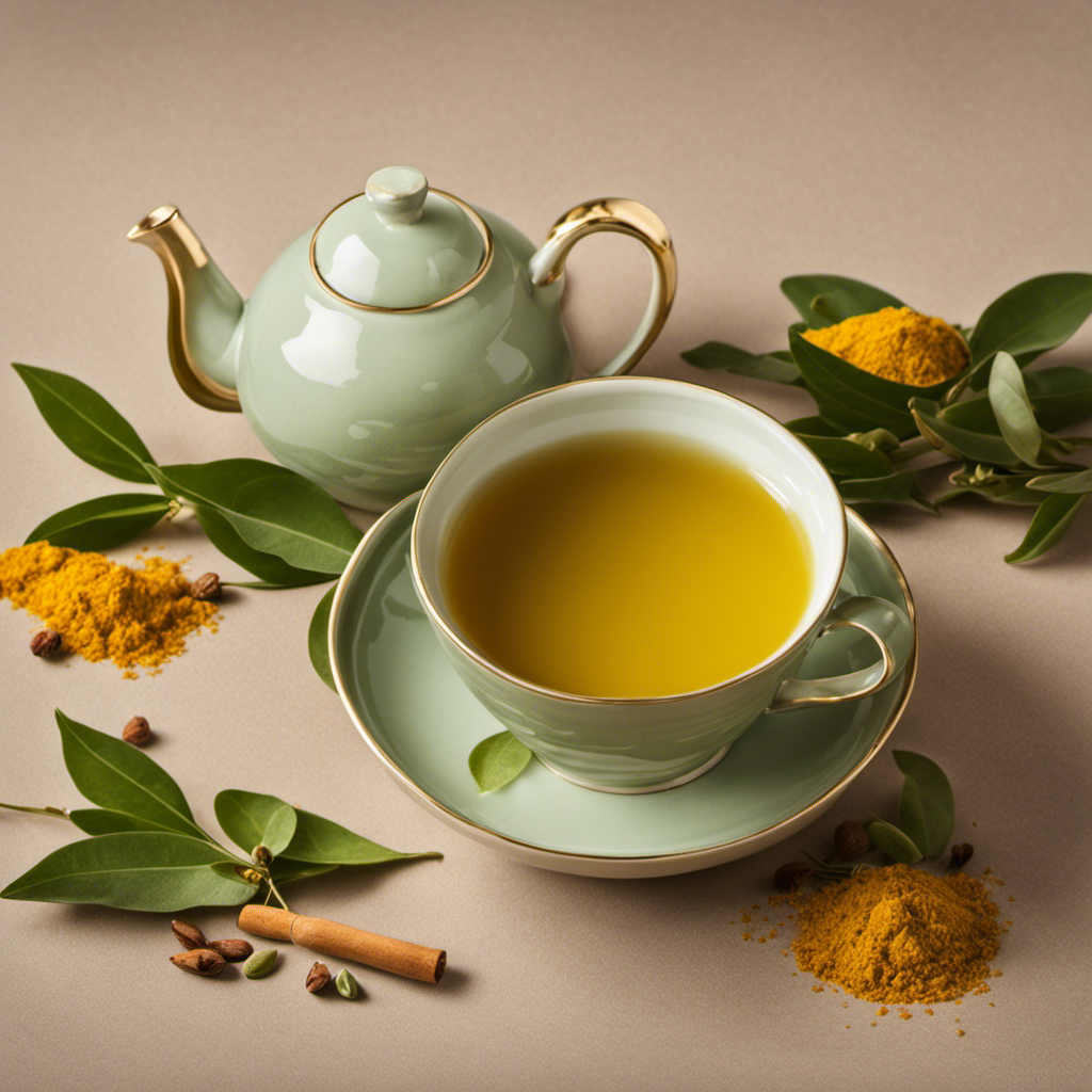 An image that showcases a steaming cup of aromatic bay leaf and turmeric tea, swirling with hues of warm yellow and green, exuding a soothing aura of wellness and tranquility