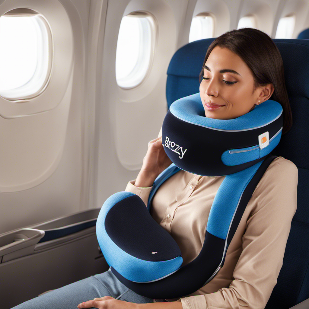 An image showcasing a serene traveler, reclining on an airplane seat, with a blissful expression, supported by the BCOZZY neck pillow