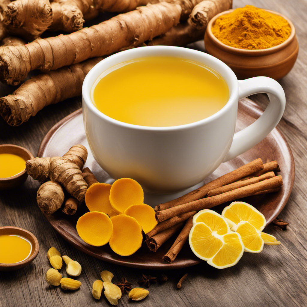 An image of a steaming cup of golden turmeric ginger tea, surrounded by vibrant yellow turmeric roots, fresh ginger slices, and a sprinkling of cinnamon, exuding warmth, wellness, and the promise of health benefits