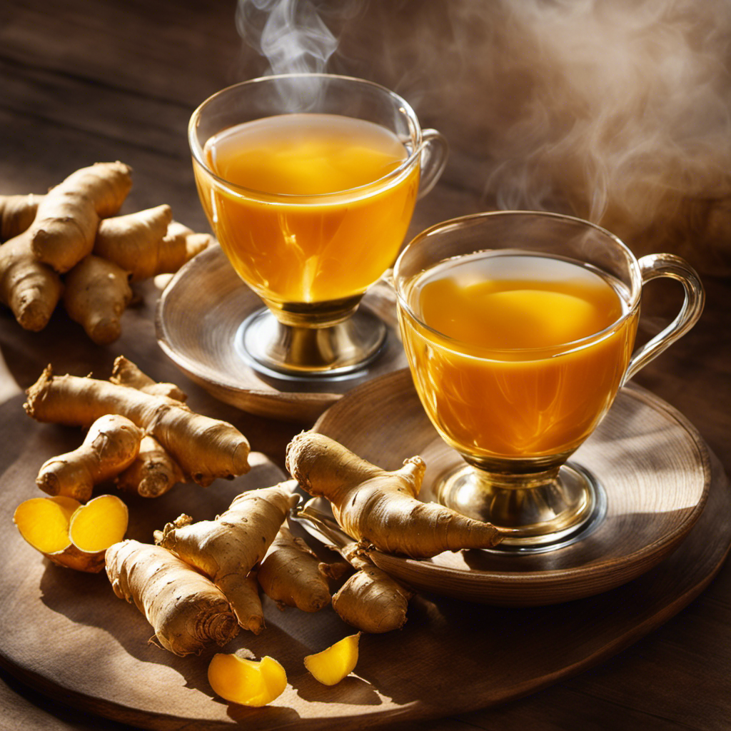 An image showcasing a warm cup of ginger turmeric tea, steam rising gently from the vibrant golden liquid
