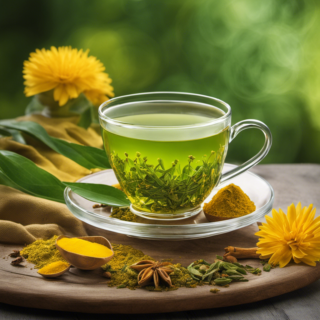An image showcasing a serene and vibrant scene with a steaming cup of green tea infused with turmeric