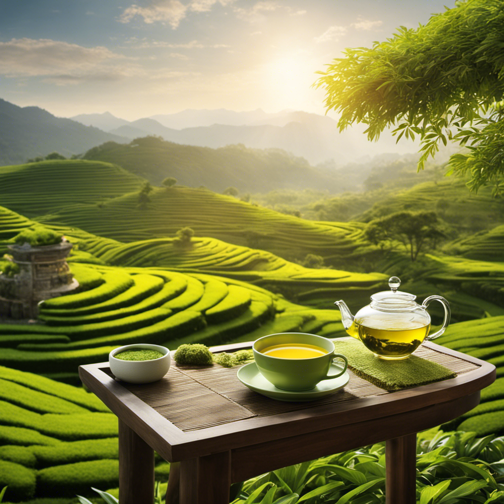 An image showcasing a serene, verdant tea garden bathed in soft sunlight