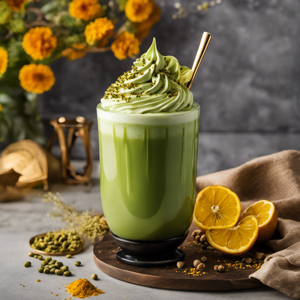 An image showcasing a vibrant green matcha latte swirling with golden turmeric, garnished with a sprinkle of black pepper