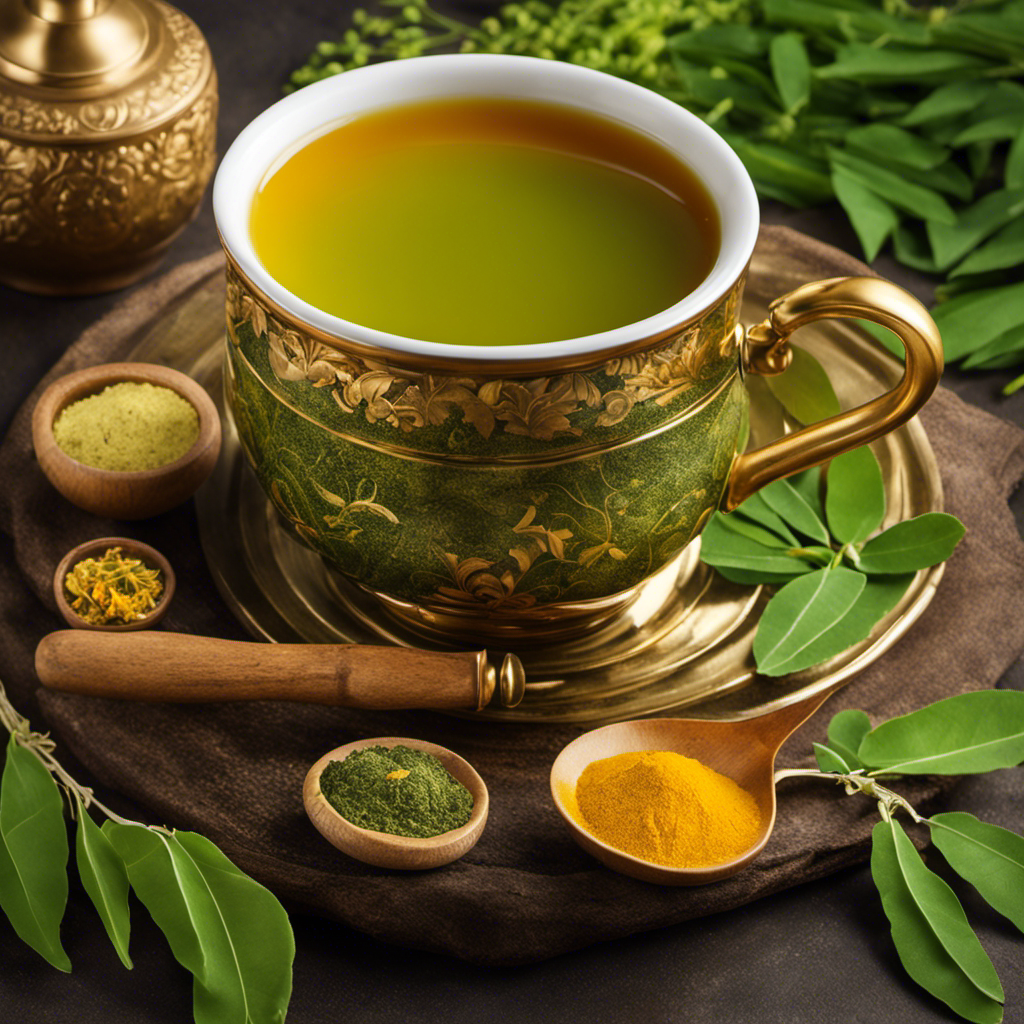 An image showcasing a vibrant cup of Moringa Ginger and Turmeric Tea, steam gently rising from the cup, rich golden hues intermingling with the earthy green tones, inviting a sense of warmth and wellness