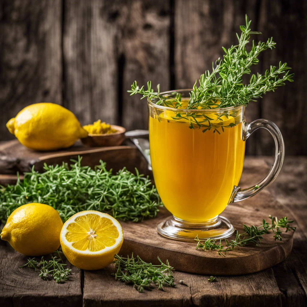 An image of a warm, inviting mug filled with vibrant yellow turmeric and thyme tea, steam gently rising, surrounded by fresh thyme sprigs and sliced lemons on a rustic wooden table