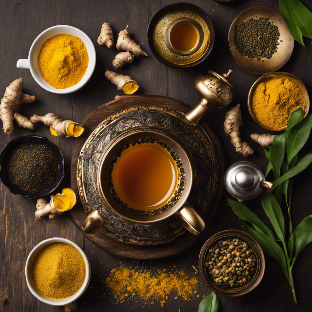 An image showcasing a serene tea set on a wooden table, with a steaming cup of vibrant golden Turmeric Ginger and Black Pepper tea, surrounded by fresh ingredients like ginger roots, black pepper seeds, and turmeric powder