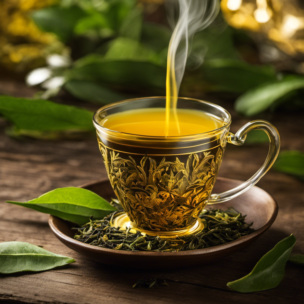 An image that showcases a steaming cup of vibrant, golden turmeric green tea, with delicate wisps of aromatic steam rising from it