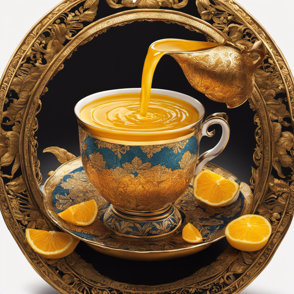 An image showcasing a steaming cup of golden turmeric tea being poured into a delicate teacup, capturing the vibrant hues of the spice and the soothing warmth it offers