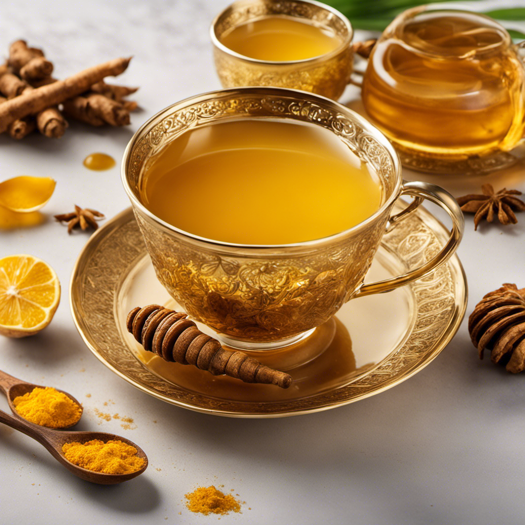 An image of a steaming cup of vibrant golden turmeric root tea, surrounded by freshly harvested turmeric roots, glistening drops of honey, and delicate wisps of steam rising gracefully into the air