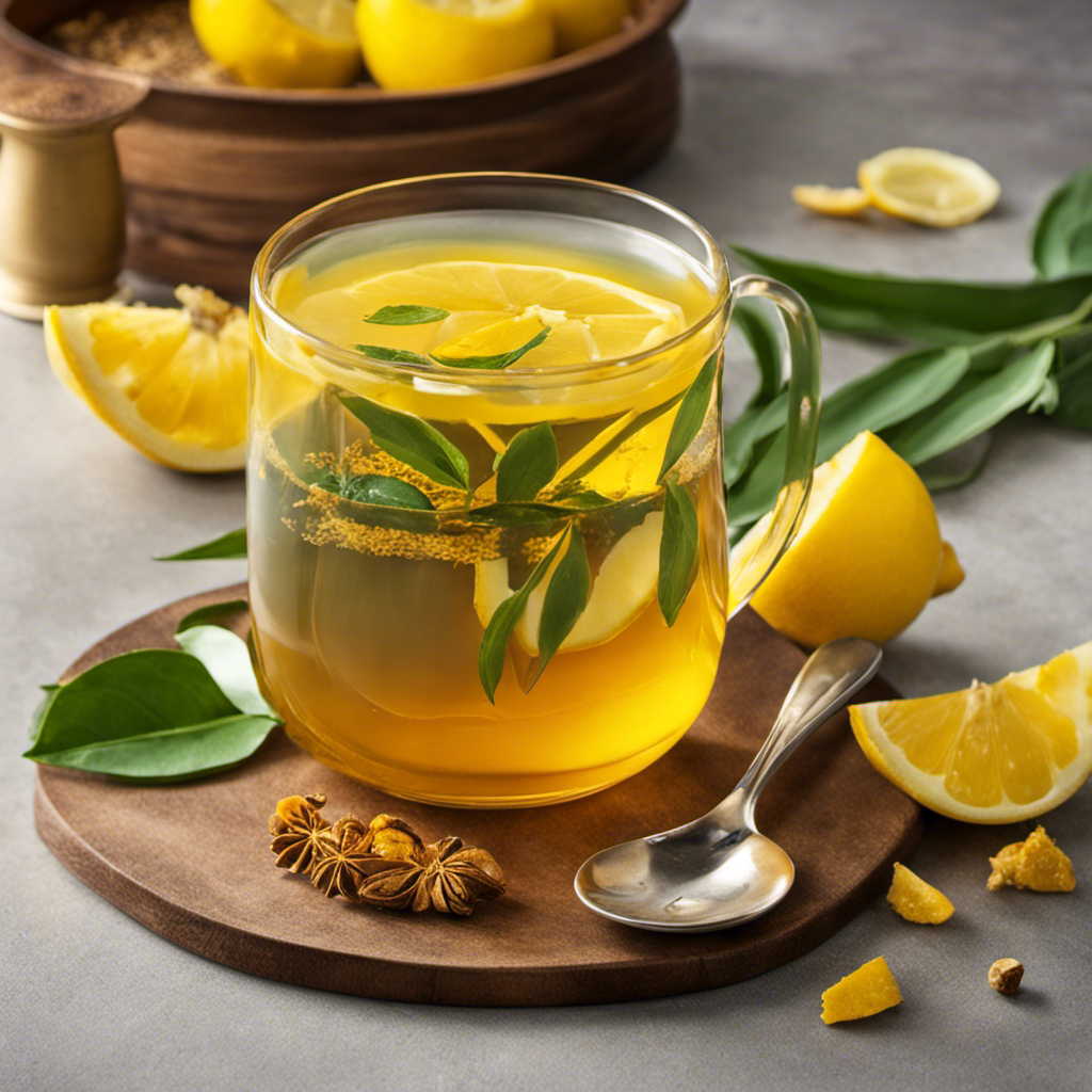 An image showcasing a steaming cup of golden turmeric tea infused with fresh lemon slices