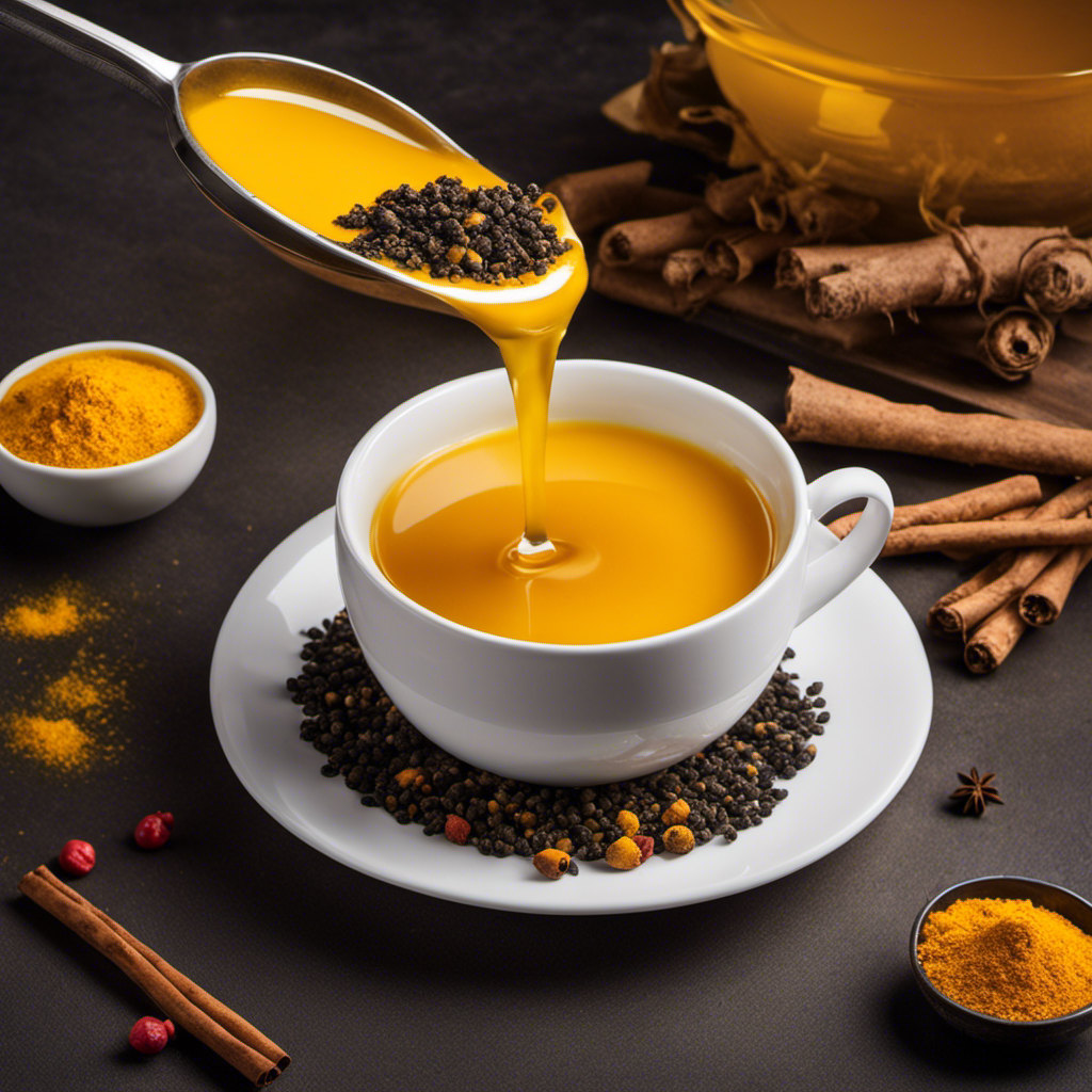 An image showcasing a warm cup of turmeric tea, steam rising from the vibrant yellow liquid