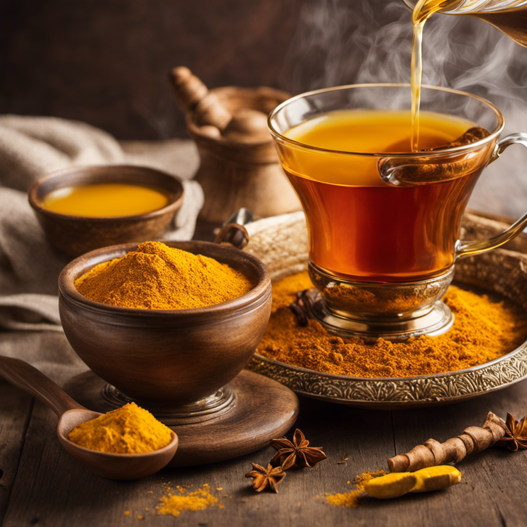 An image showcasing a warm, vibrant cup of turmeric tea being poured, revealing its rich golden hue