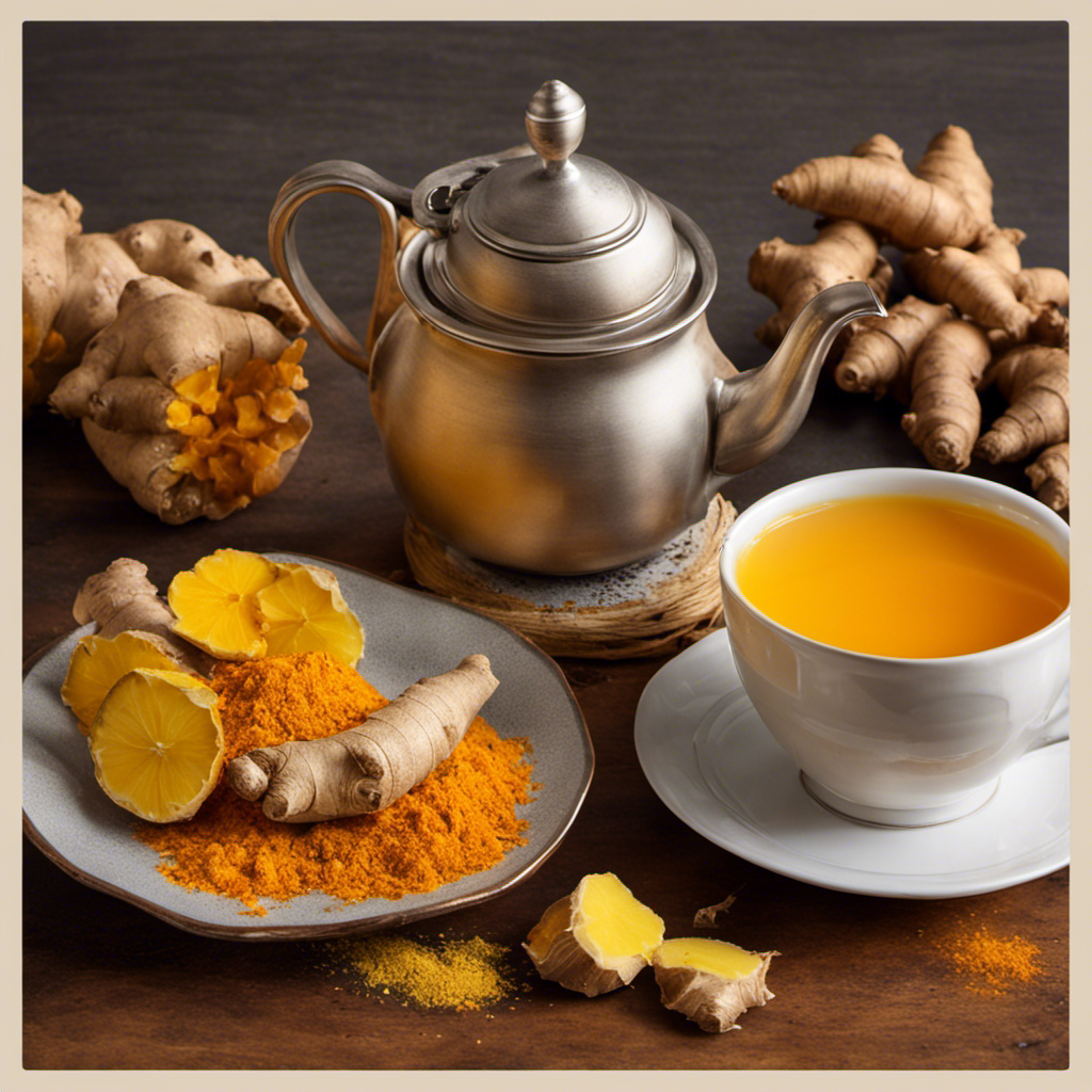 An image showcasing a soothing, steaming cup of ginger turmeric tea, surrounded by vibrant yellow and orange hues
