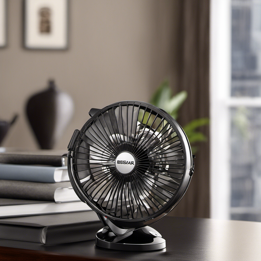 An image showcasing the sleek design of the BESKAR Clip on Fan, with a close-up shot capturing its sturdy metal construction, adjustable head, and powerful airflow