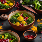 An image capturing a vibrant, meticulously arranged bowl of steaming green tea infused with turmeric, adorned with fresh, vibrant broccoli florets and scattered ruby-red pomegranate seeds, exuding a sense of health and vitality