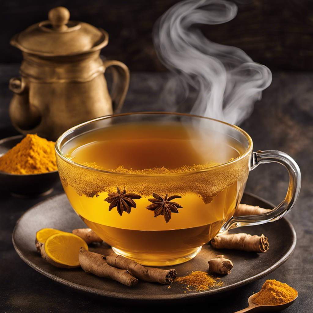 An image showcasing a steaming cup of vibrant golden ginger and turmeric tea, with delicate wisps of steam rising from the cup